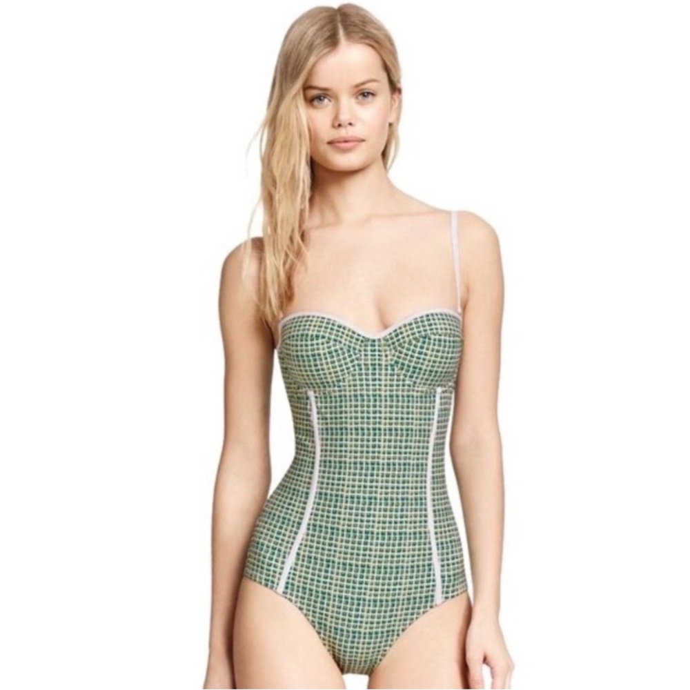 Tory Burch Green and White One Piece Swimsuit with Gingham Print